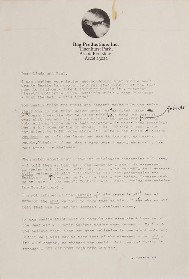 lettre de John Lennon à Paul McCartney